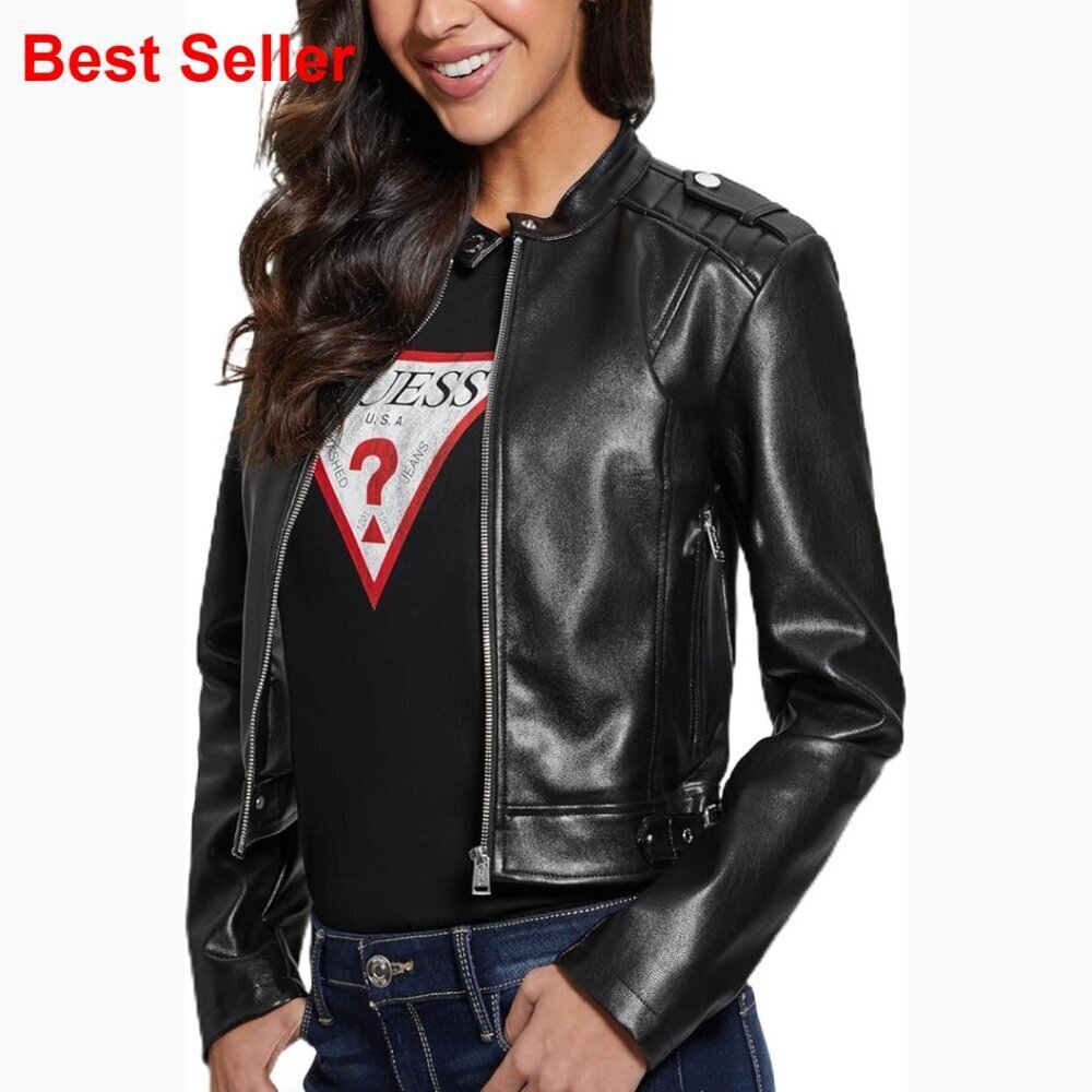 Faux Leather Fitted Jacket with Mandarin Collar